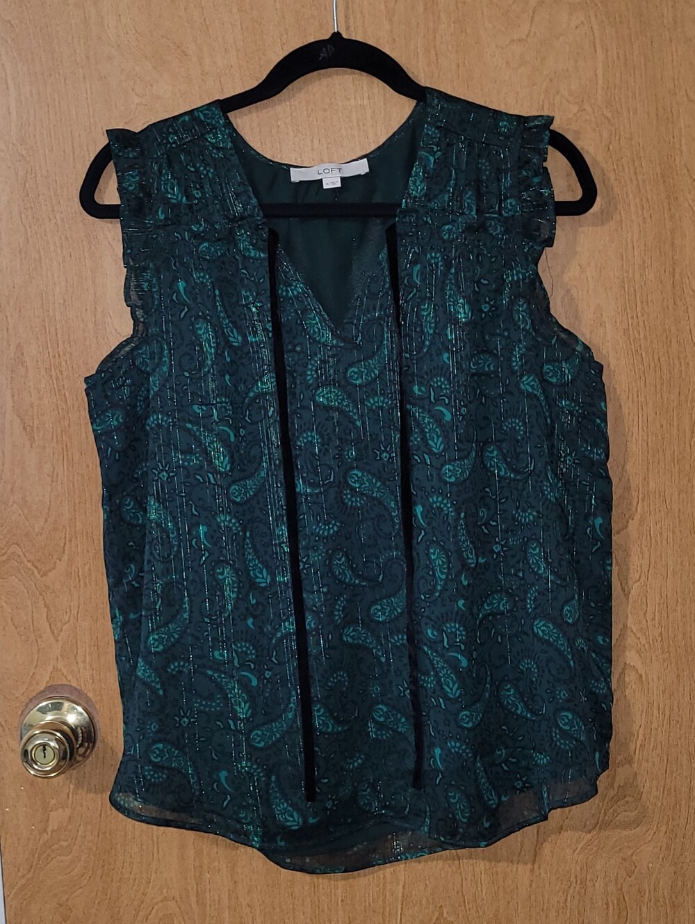LOFT Teal Paisley V-Neck Sleeveless Blouse with Tie
